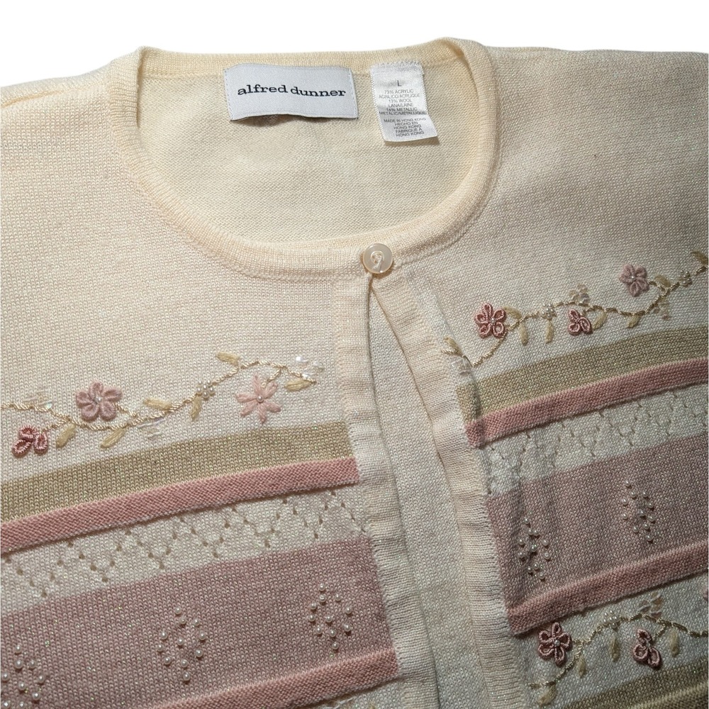 Alfred Dunner Mock Twinset Cardigan Embroidered Beaded Striped Pink Womens Large